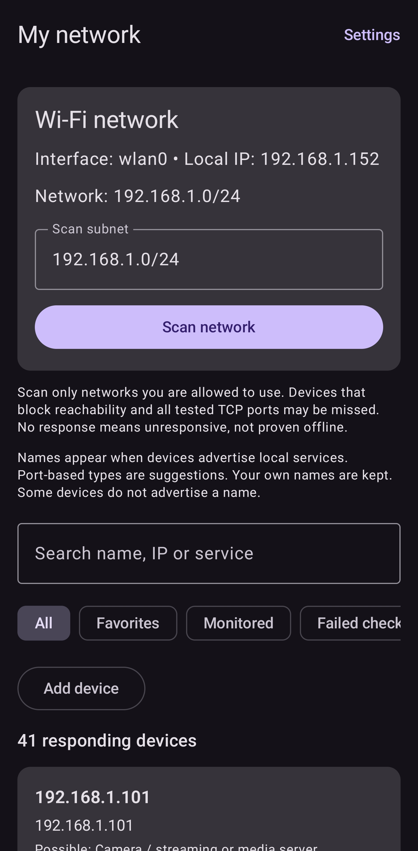 PingWatch local Wi-Fi scanning, search and filters